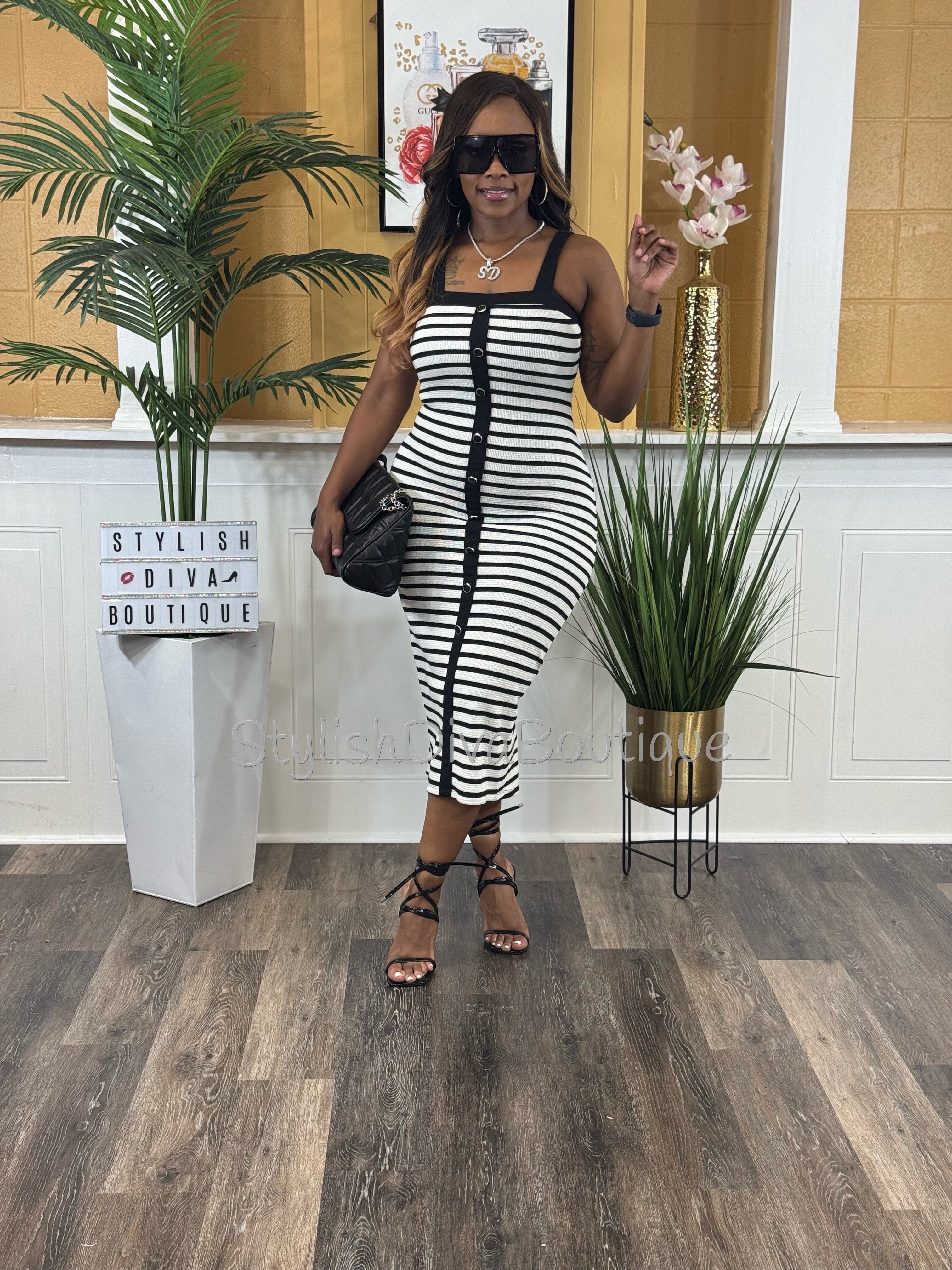 midi striped dress for women Milan Striped Midi Dress (White/Black) – Stylish Diva Boutique