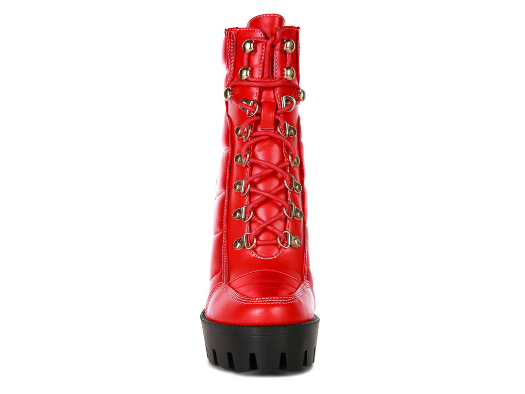 Scotch High Heel Quilted Satin Biker Boots (Red)