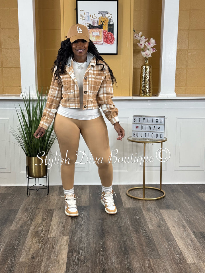 Maple Plaid Cropped Hoodie Jacket (Praline Brown/White)