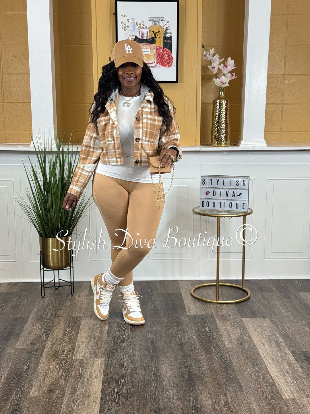 Maple Plaid Cropped Hoodie Jacket (Praline Brown/White)