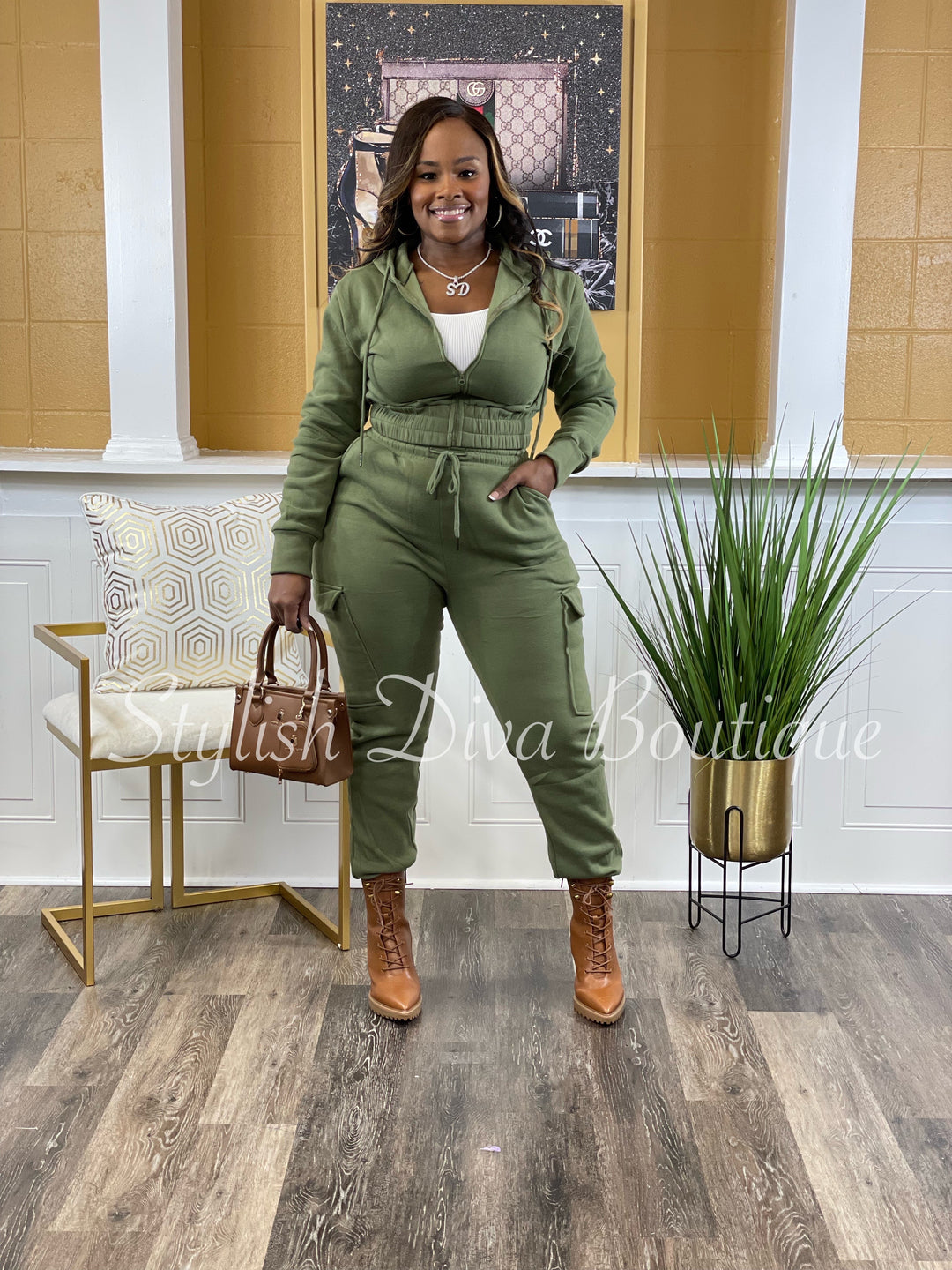 Gone Again 2pc Cropped Hoodie Jogger Set (Olive)