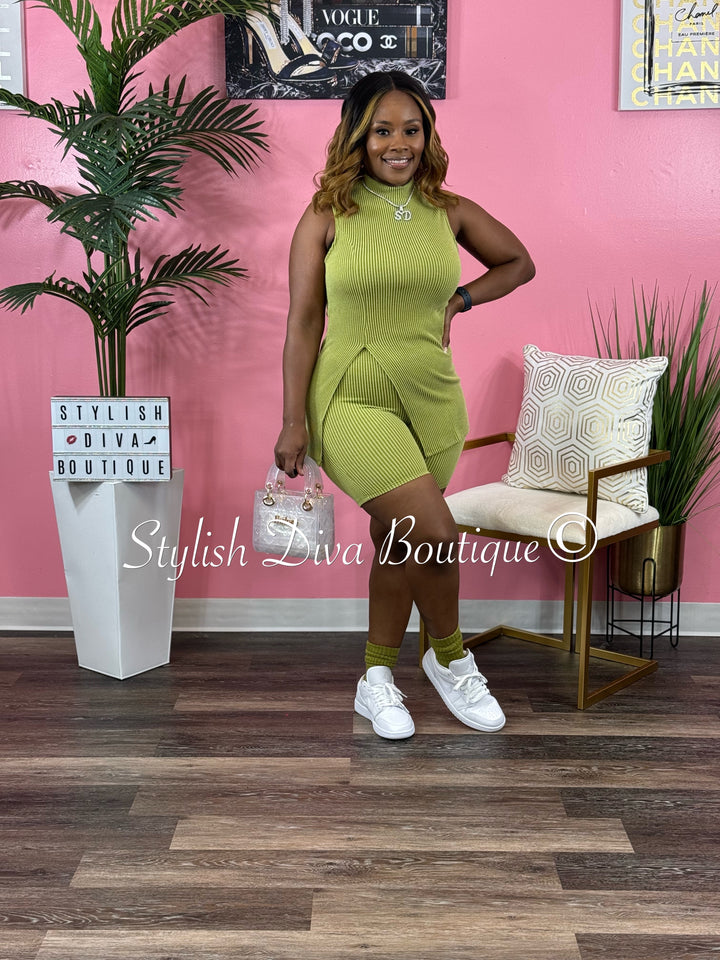 Mila Ribbed Short Set up to 3XL (Moss Green)