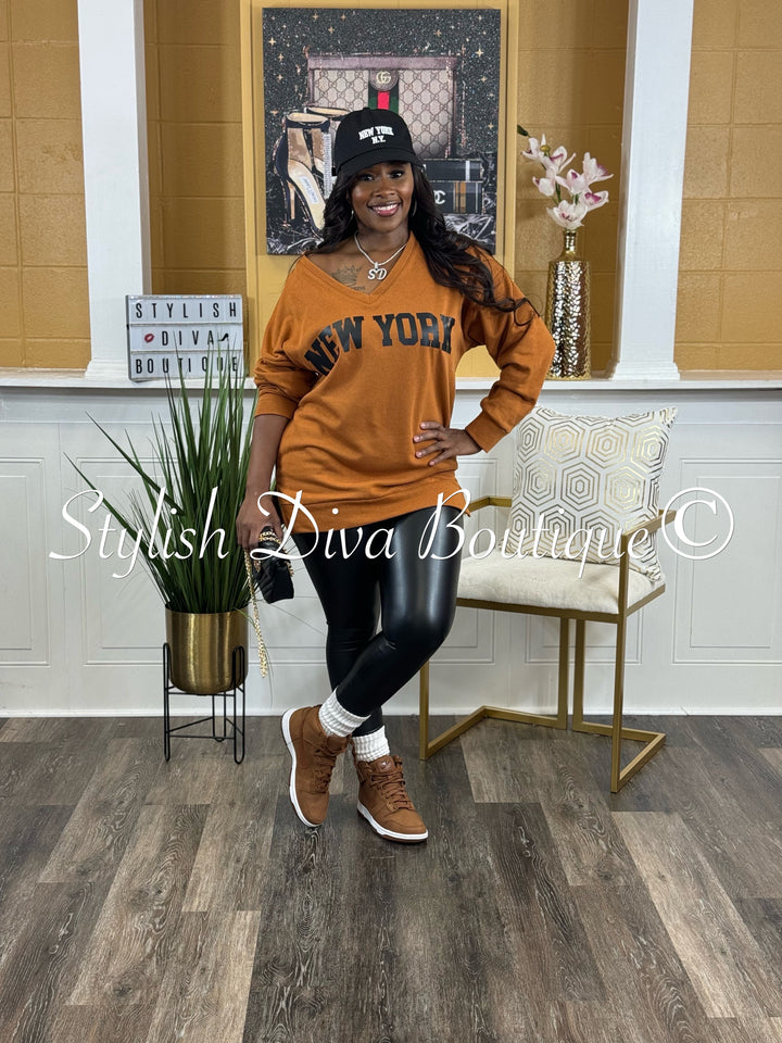 New York V Neck Sweatshirt Only (Terracotta Brown)