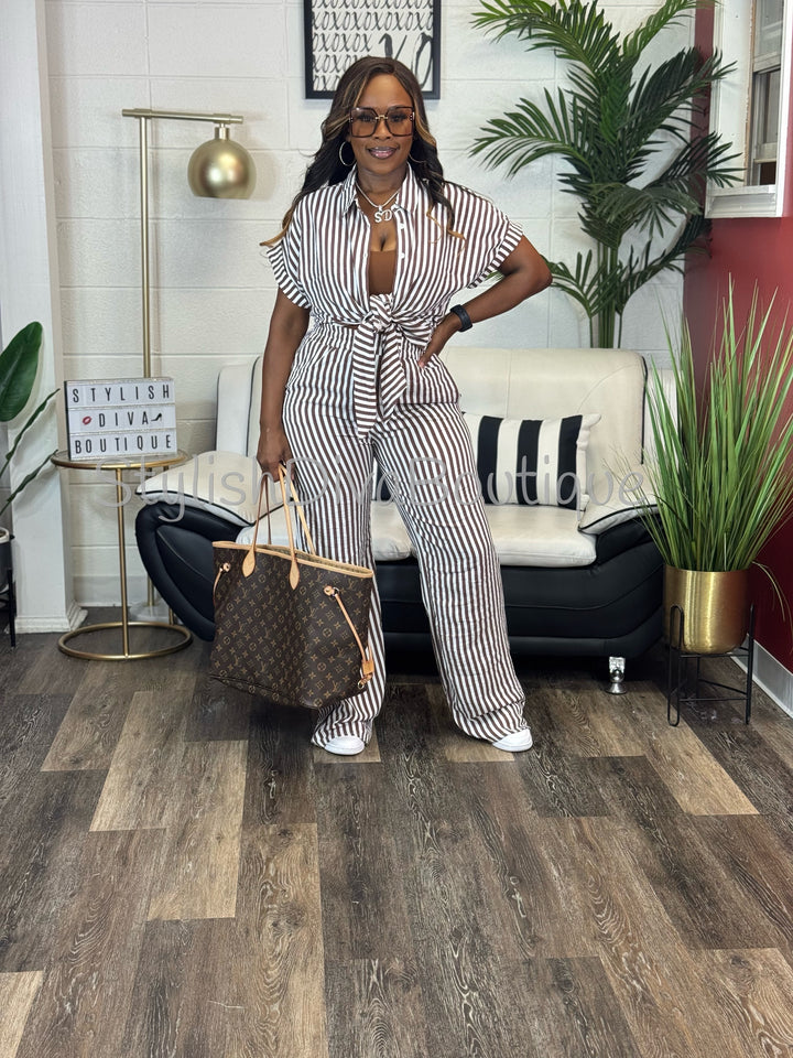 Coastal Diva Pants Set (Brown/White)