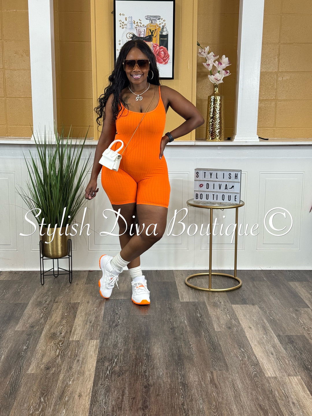 Ayla Sleeveless Ribbed Romper (Orange)