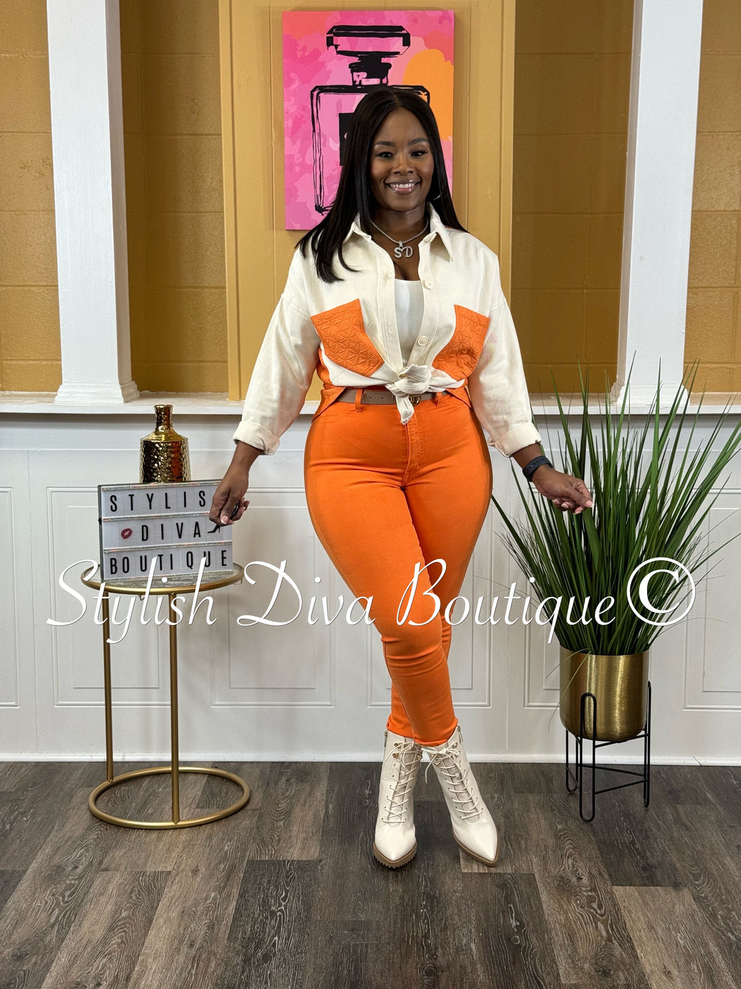 Deena Color Block Shacket (Orange/Cream)