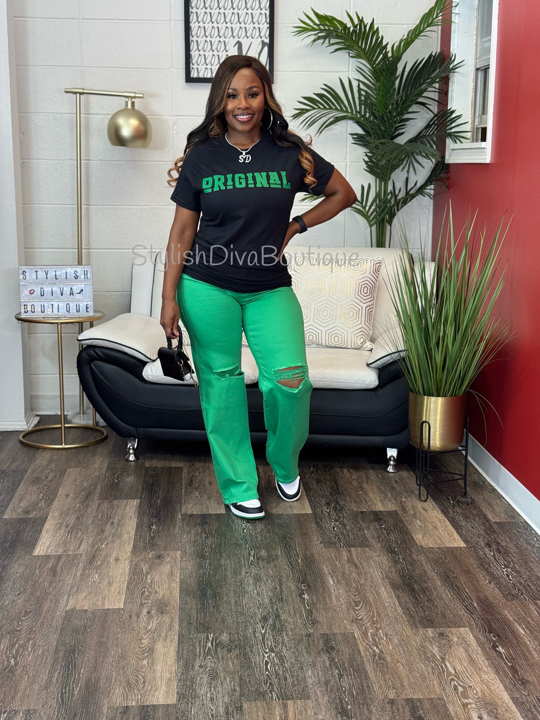 London Straight Leg Distressed Jeans (Green)