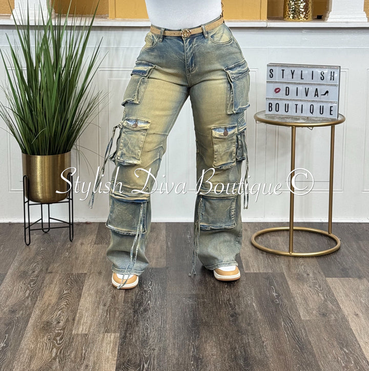 Main Character Acid Wash Cargo Jeans (Vintage Blue Wash)