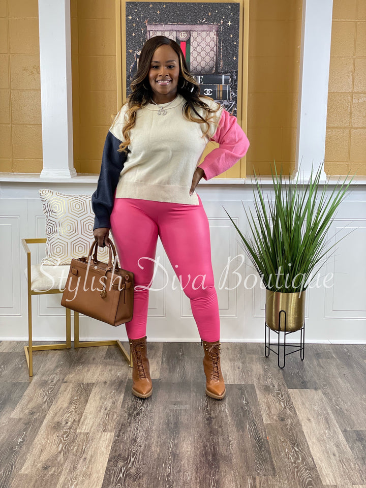 Sarita L/S Colorblock Oversized Sweater (Navy/Ivory/Pink)