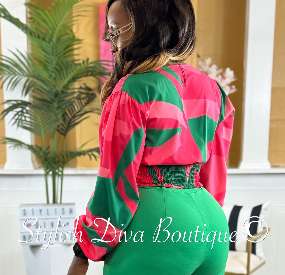 Mariska Abstract Print Crop Top (Pink/Green)