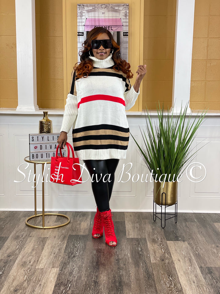 Ms Berry Striped High Neck Sweater (Ivory)