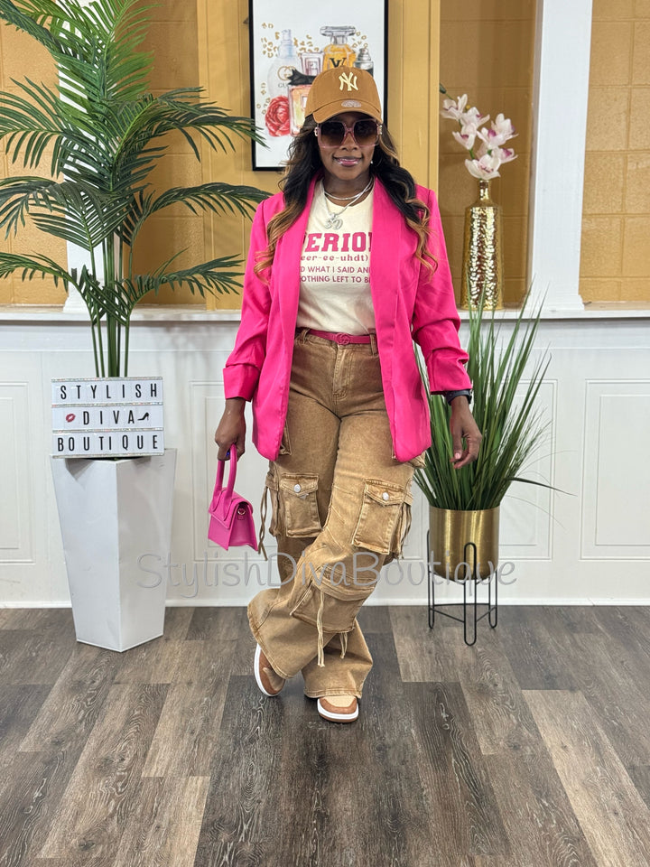 Back In Business Ruched Sleeve Blazer (Hot Pink)