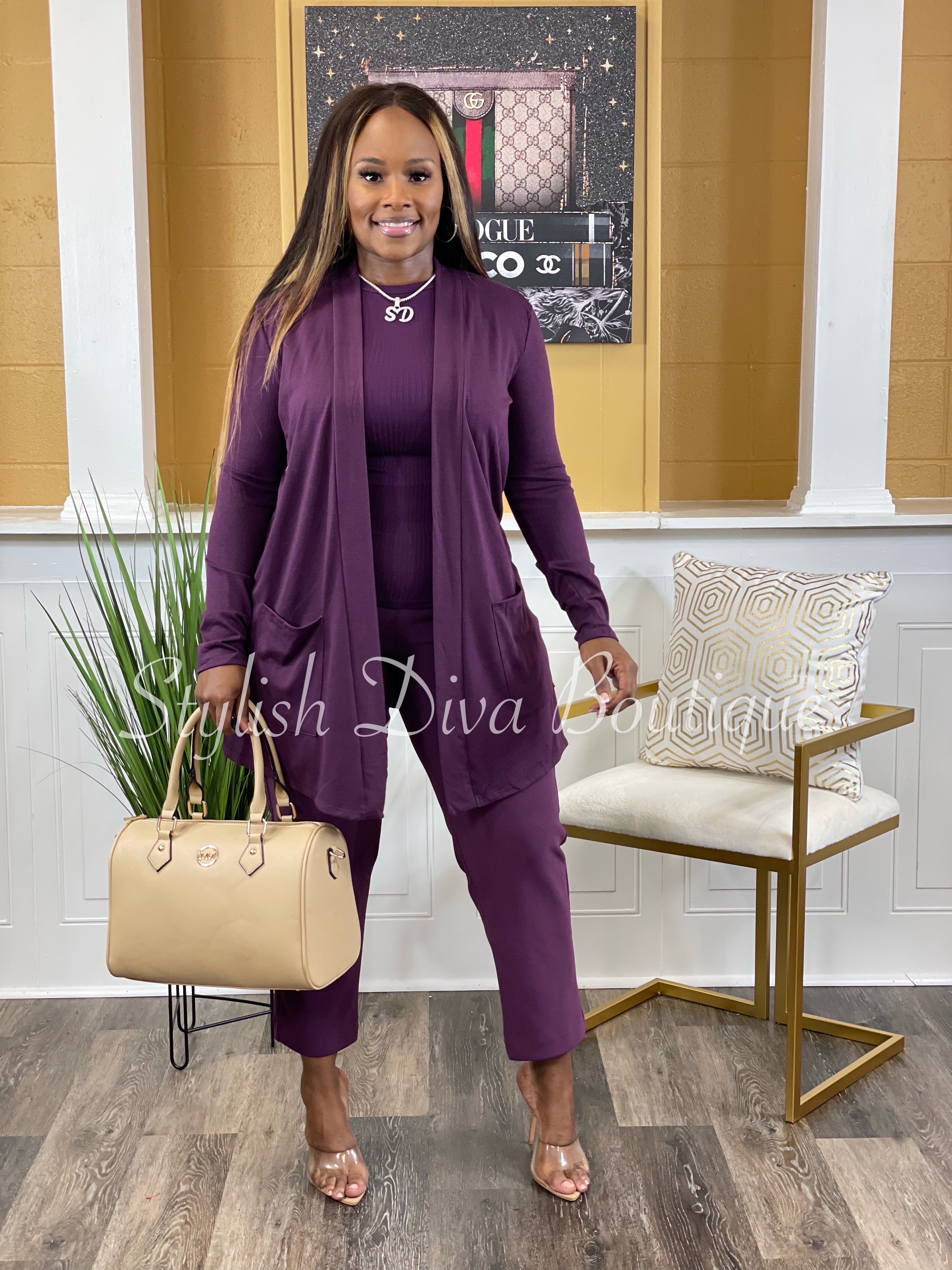 Business Inclusive 2pc Cardigan & Pants Set up to 3XL (Eggplant)