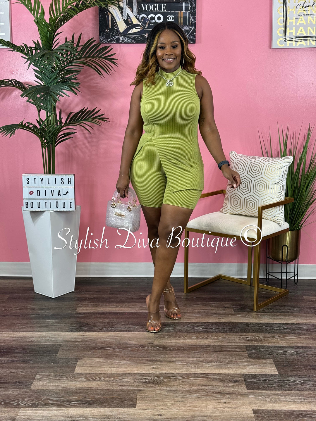 Mila Ribbed Short Set up to 3XL (Moss Green)