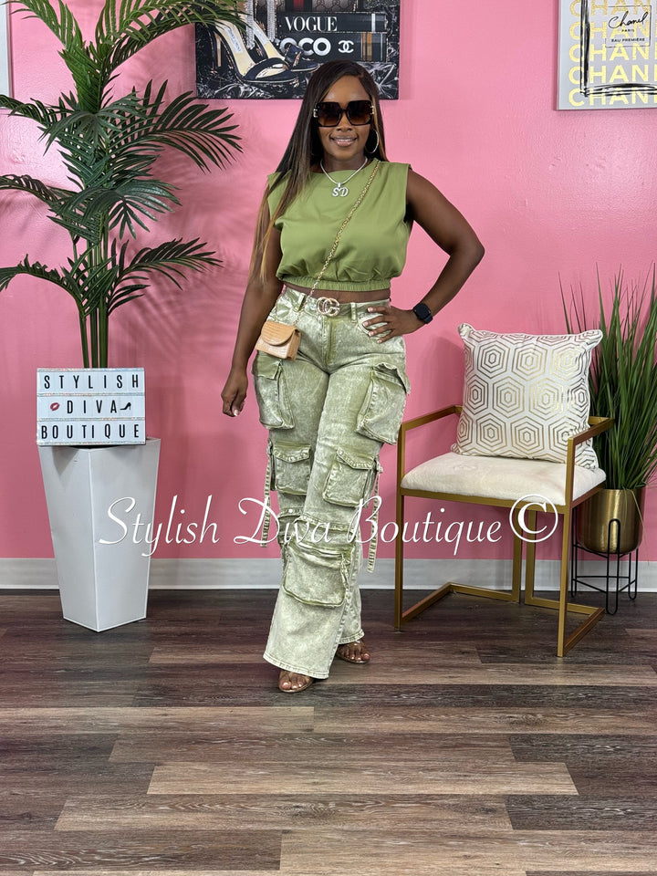 Nicki Acid Wash Cargo Pants (Sage)