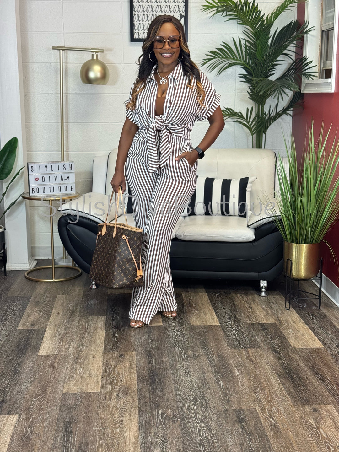 Coastal Diva Pants Set (Brown/White)