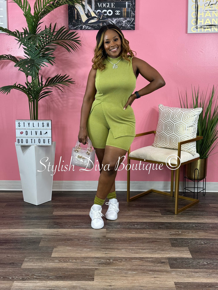 Mila Ribbed Short Set up to 3XL (Moss Green)