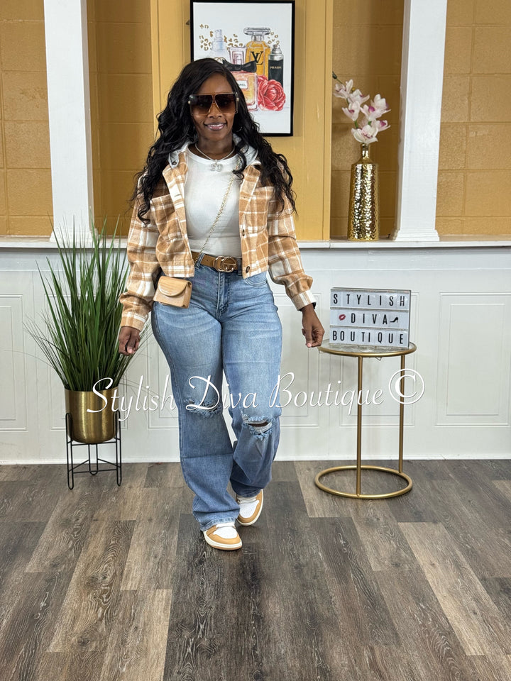 Maple Plaid Cropped Hoodie Jacket (Praline Brown/White)