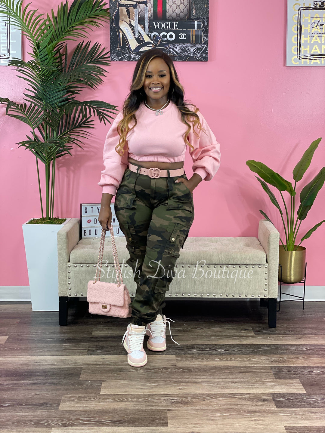 Camo joggers and jacket set with pink bows｜TikTok Search