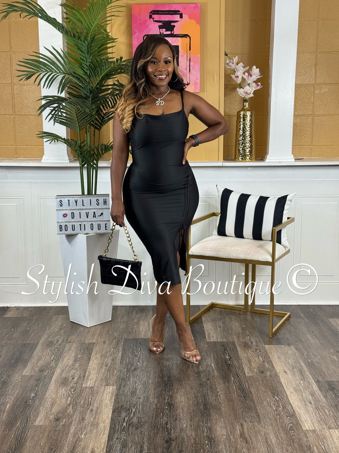 Sleek Temptation Midi Dress (Black)