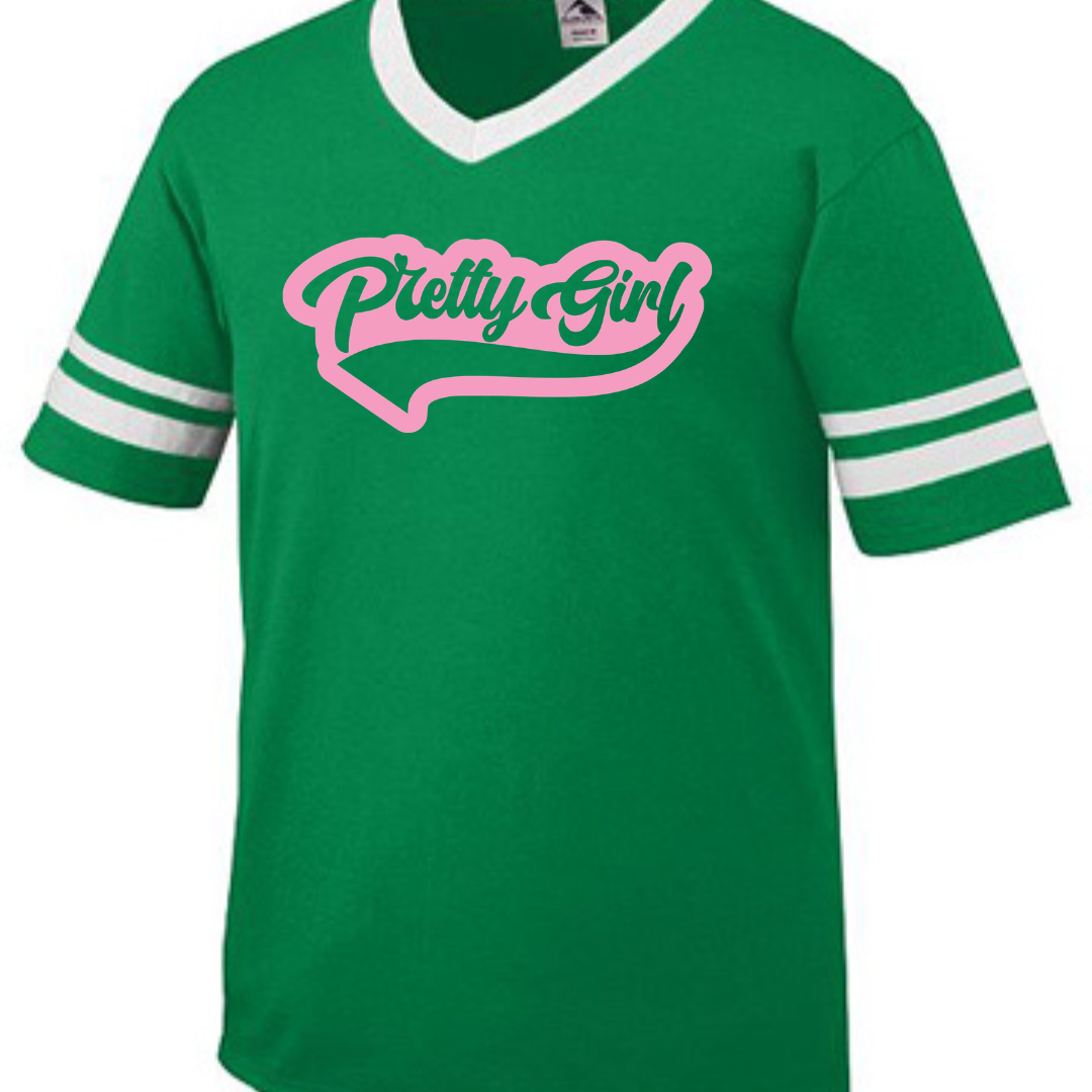 Pretty Girl Varsity Tee (Kelly Green/White) Pink Print