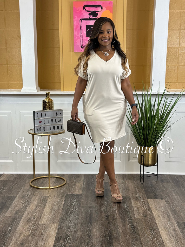 Out About V Neck Dress Beige Stylish Diva Boutique