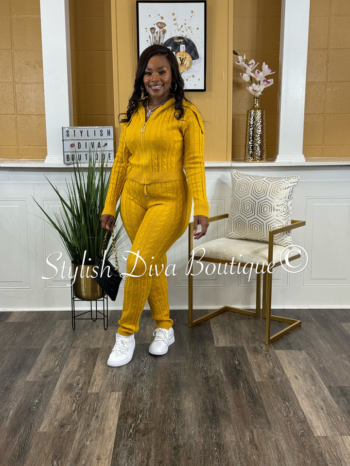 Focused On Me Hooded Cable Knit Legging Set (Mustard)