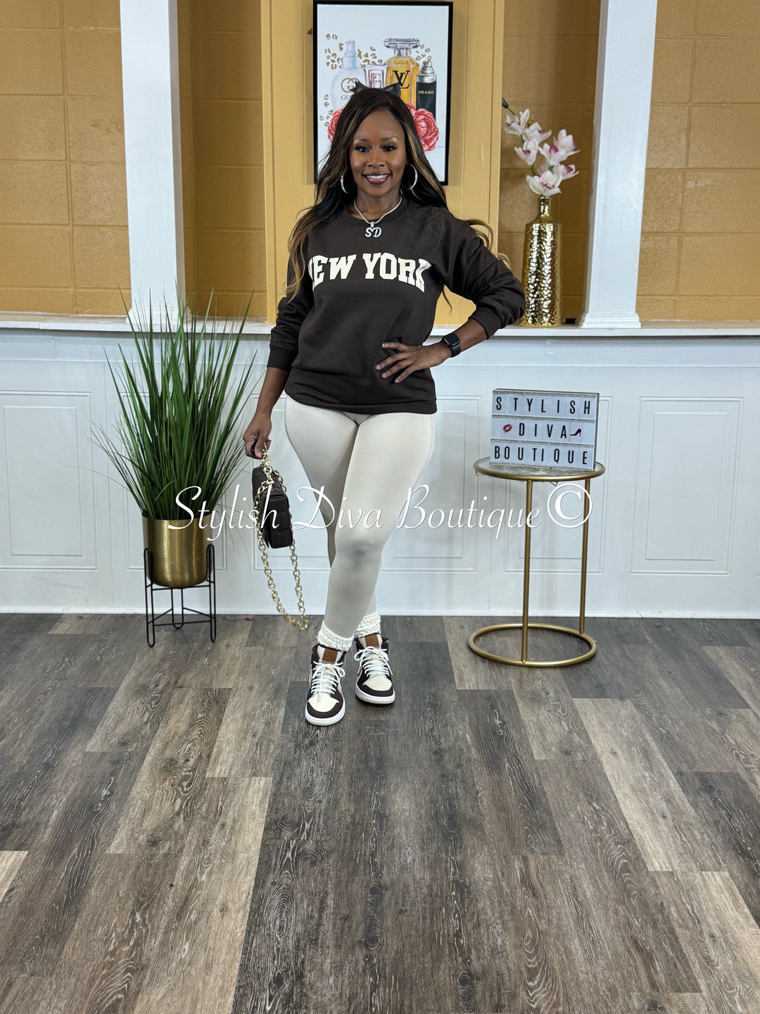 New York Sweatshirt Only up to 3XL (Chocolate/Cream Print)