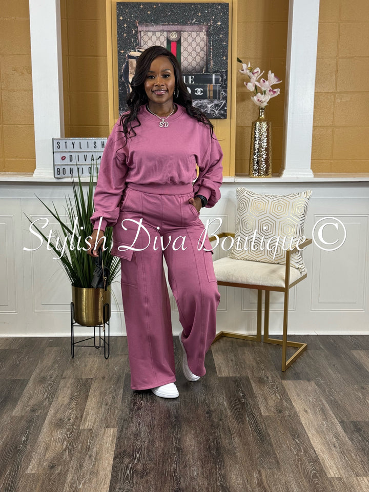 Say Less Wide Leg Cargo Pant Set (Ash Pink)