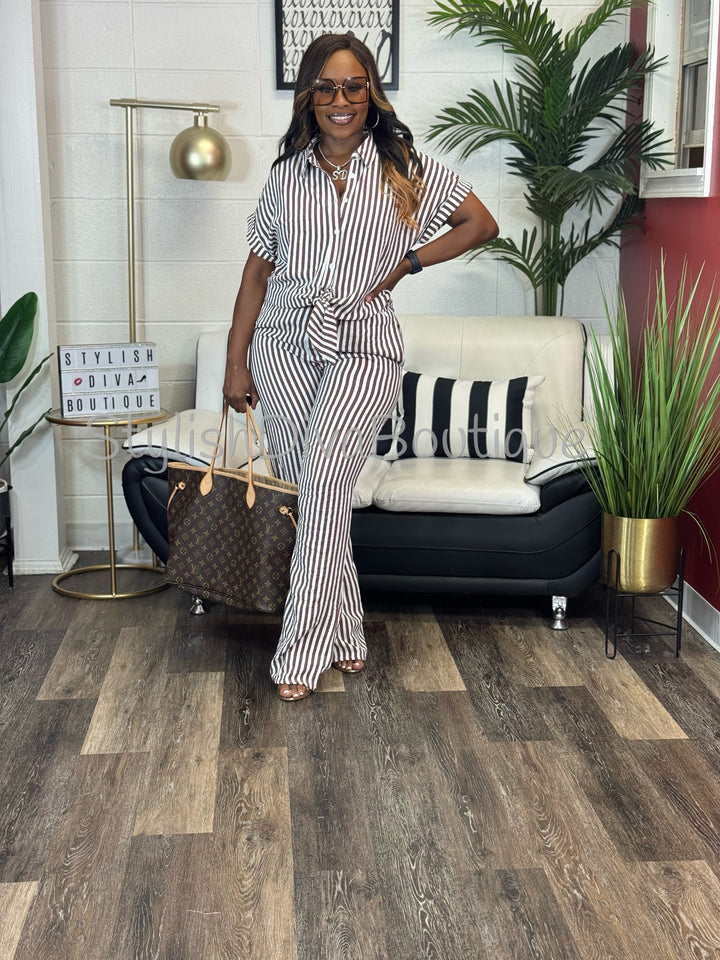 Coastal Diva Pants Set (Brown/White)