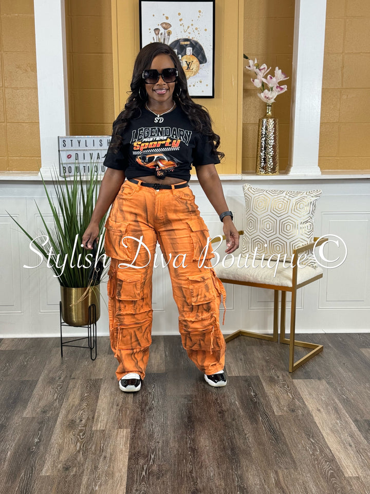 Best Kept Secret Sprayed Cargo Pants up to 3XL (Orange/Black)