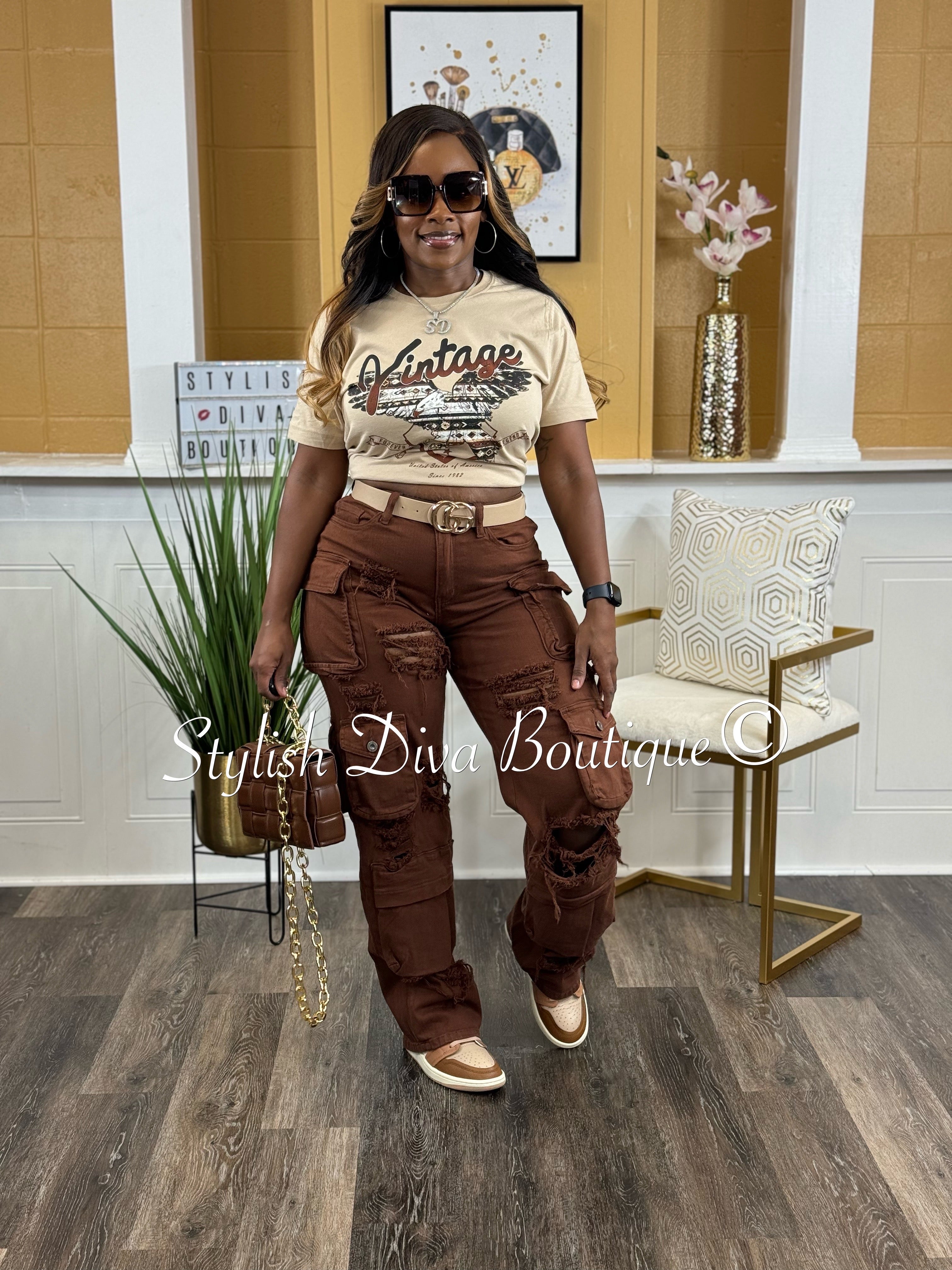 Diva Distressed Cargo Pants (Chocolate Brown) – Stylish Diva Boutique