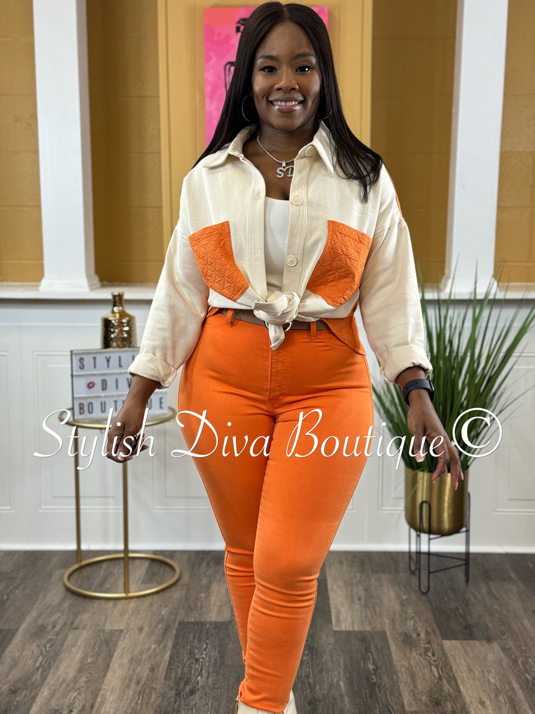 Deena Color Block Shacket (Orange/Cream)