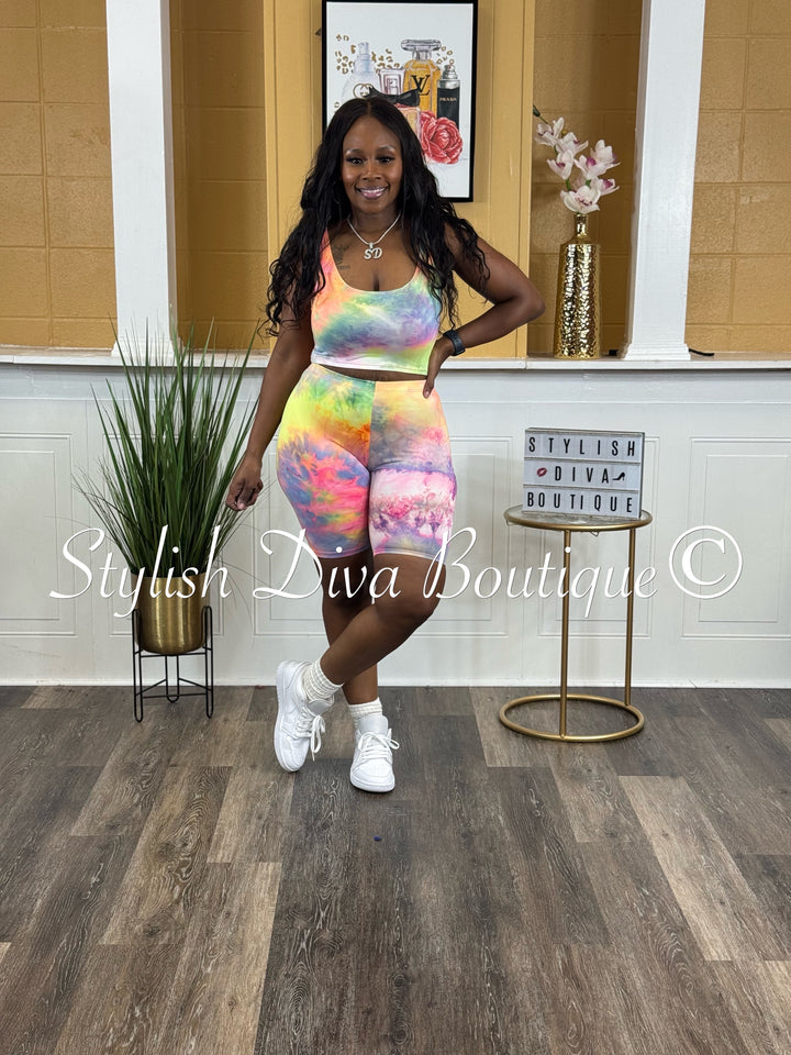 Tye Dye Sleeveless Cropped Biker Set (Rainbow)