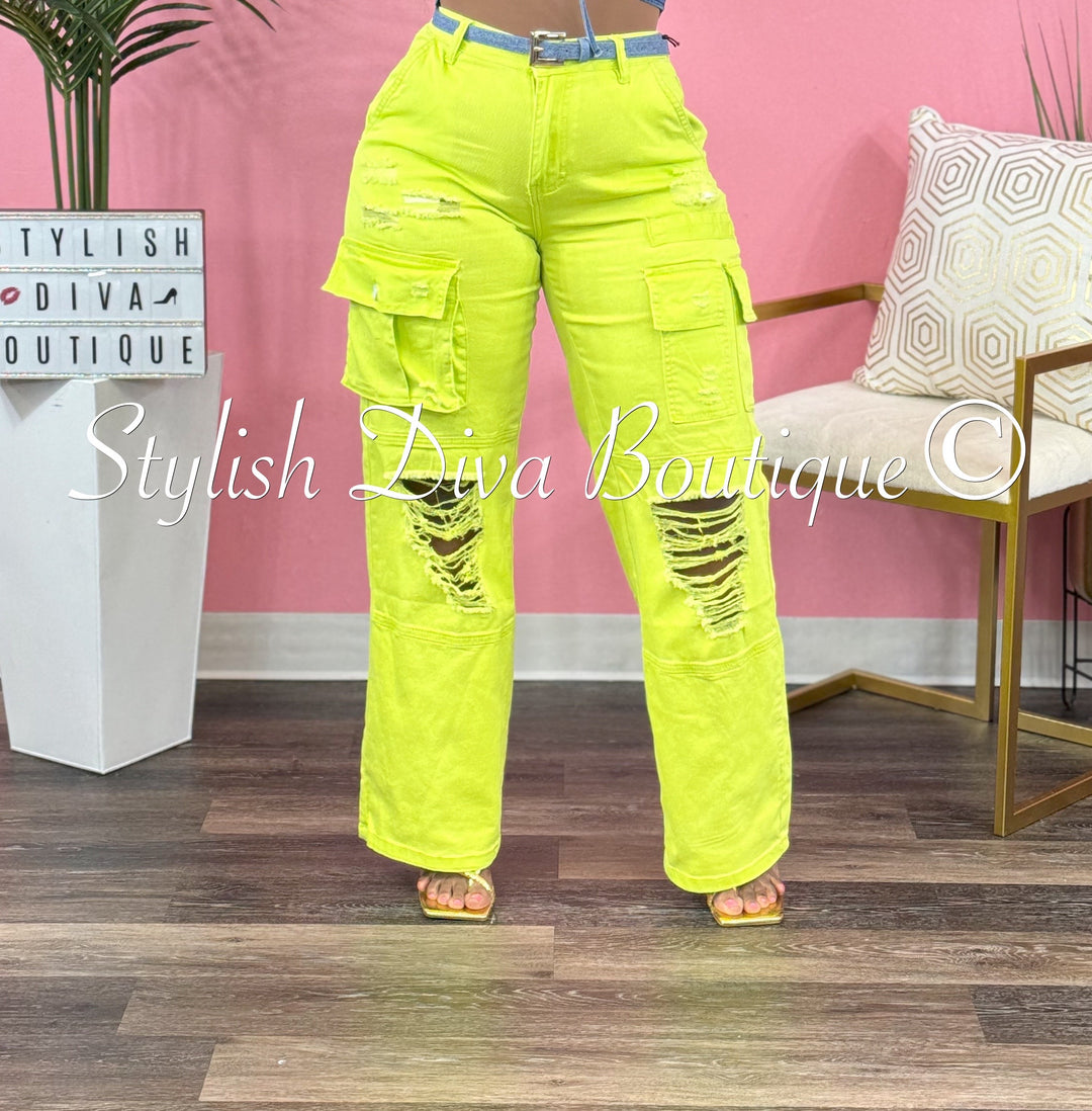 Icon Distressed Cargo Pants up to 3XL (Lime)