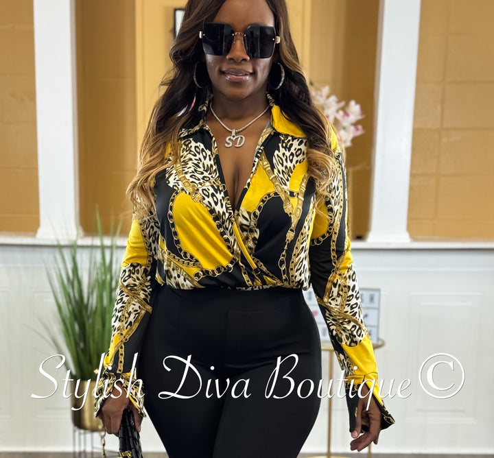 Venezia L/S Collared Bodysuit (Yellow Chains & Leopard Print)