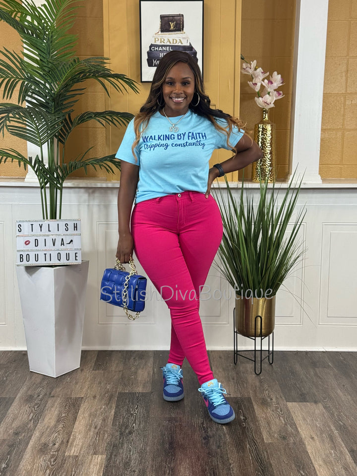 Walking By Faith Graphic Tee (Sky Blue Shirt/Royal Blue Print)