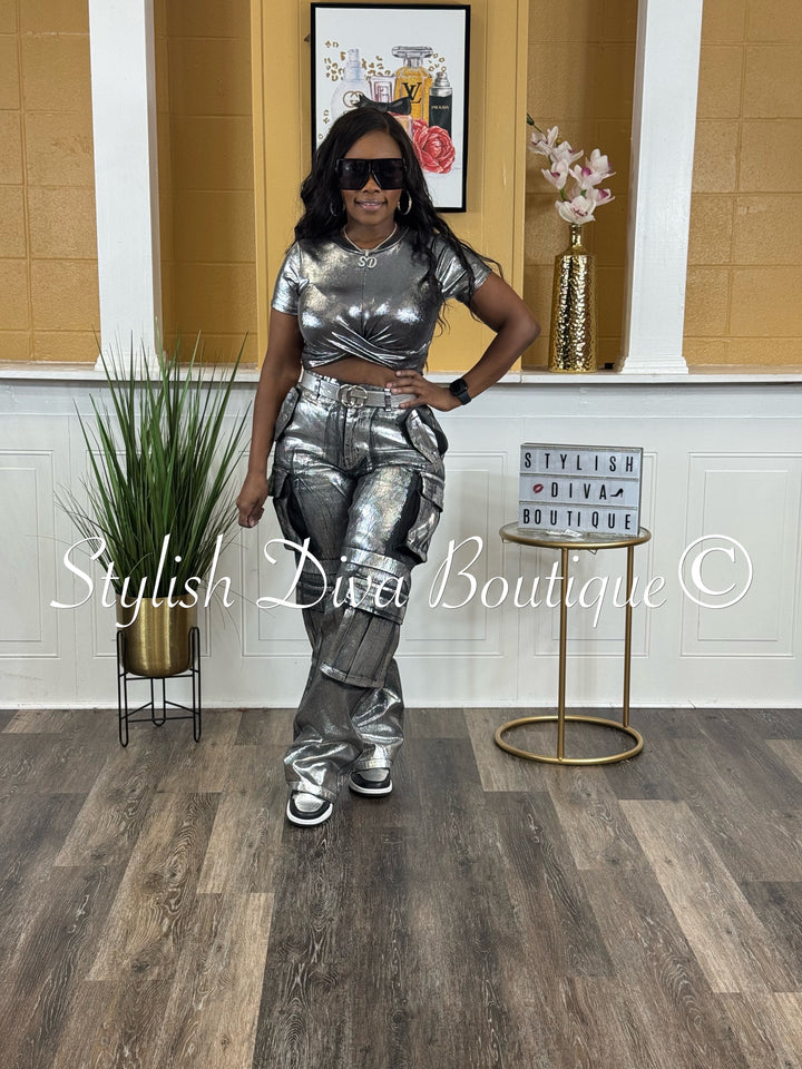 Mecca Metallic Cargo Pants (Black Denim/Silver Foil)