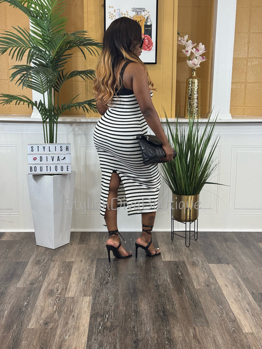 Milan Striped Midi Dress (White/Black) Milan Striped Midi Dress (White/Black)