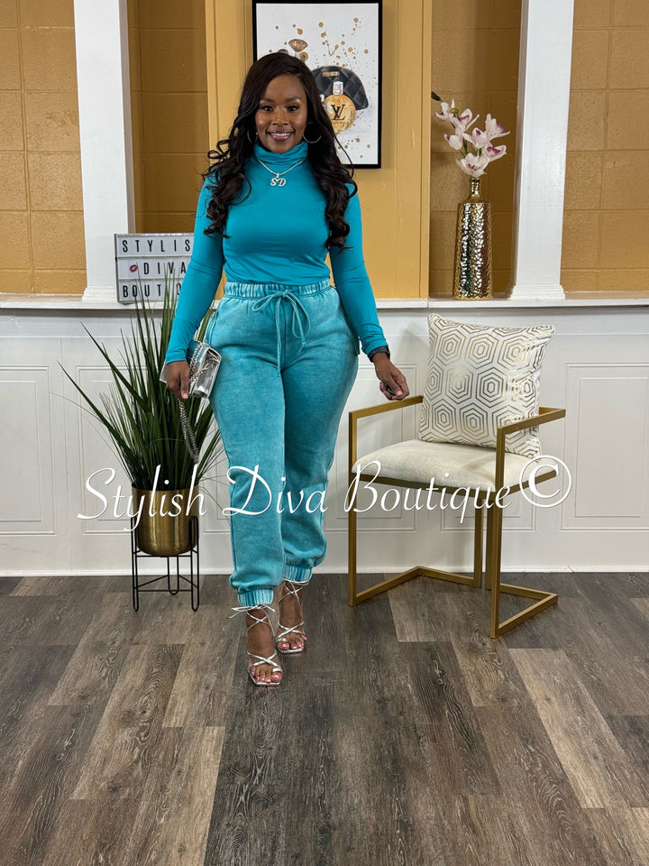 Kerri Acid Wash Mock Neck Jogger Set (Lt Teal)