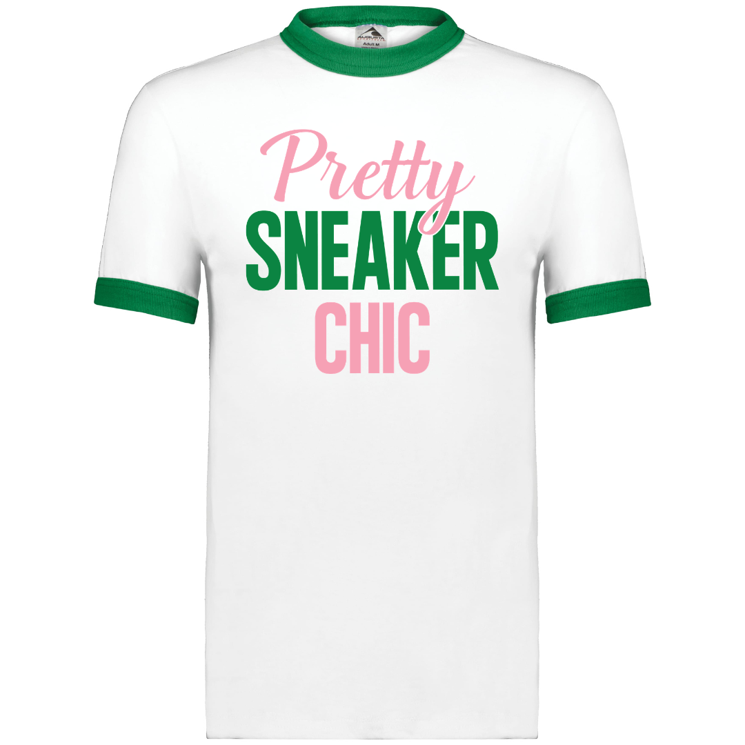Pretty Sneaker Chic Ringer Tee (White/Kelly Green) (Pink/Kelly Green Print)