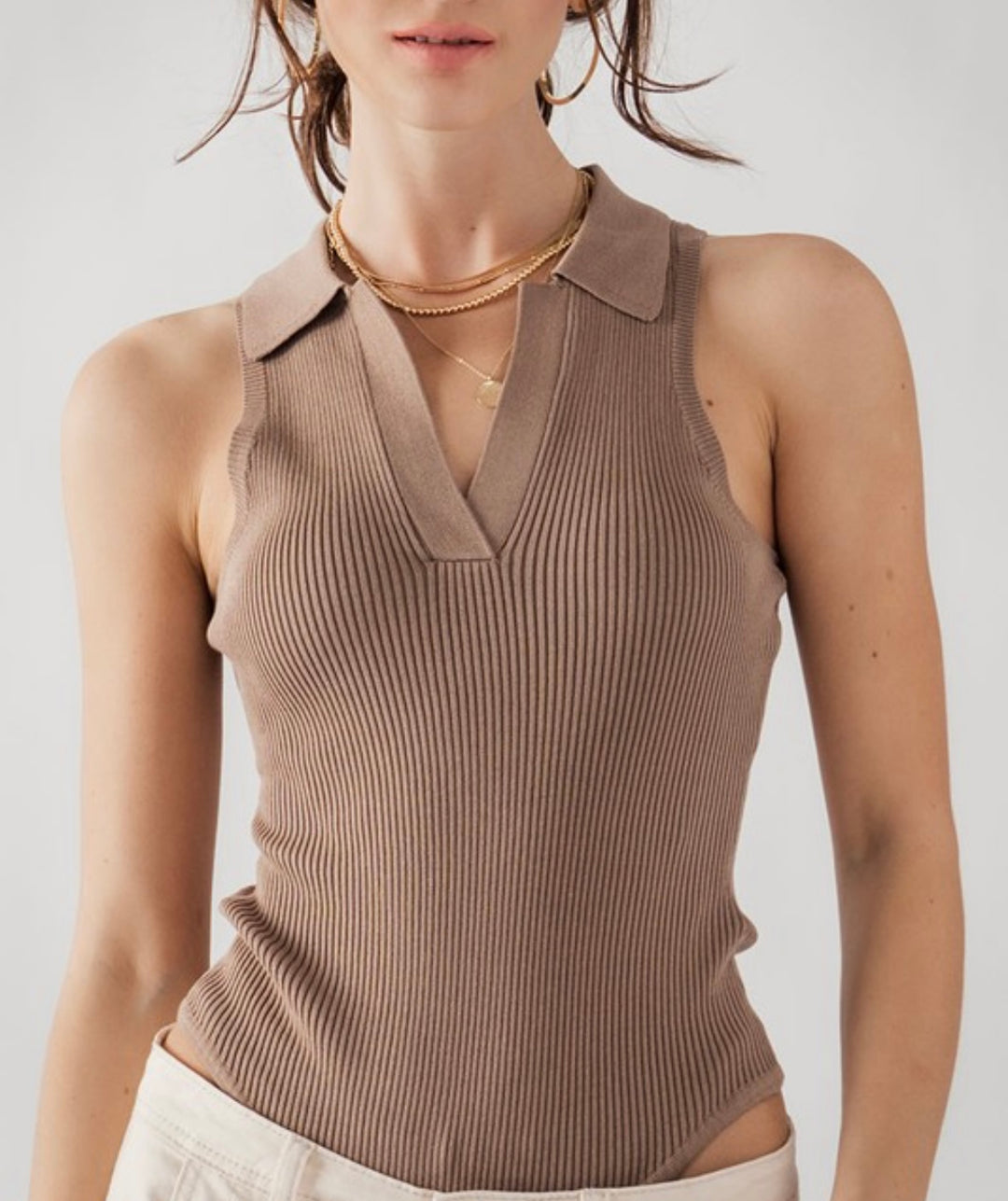 Angel Sleeveless Ribbed Bodysuit (Mocha)