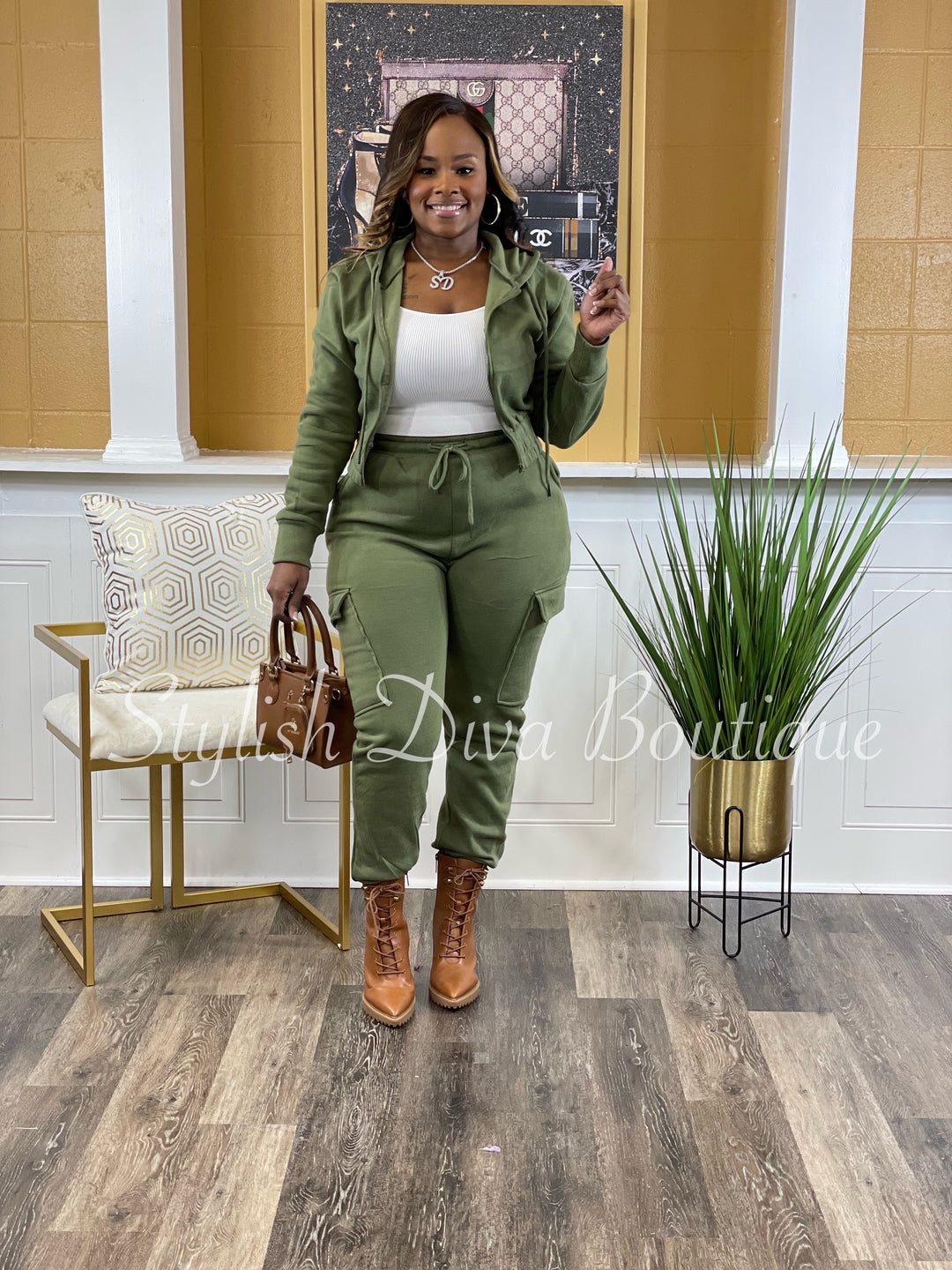 Gone Again 2pc Cropped Hoodie Jogger Set (Olive)