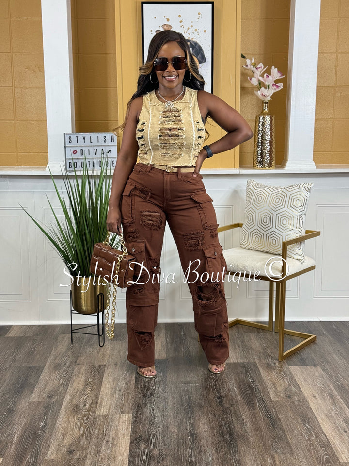 Diva Distressed Cargo Pants (Chocolate Brown)