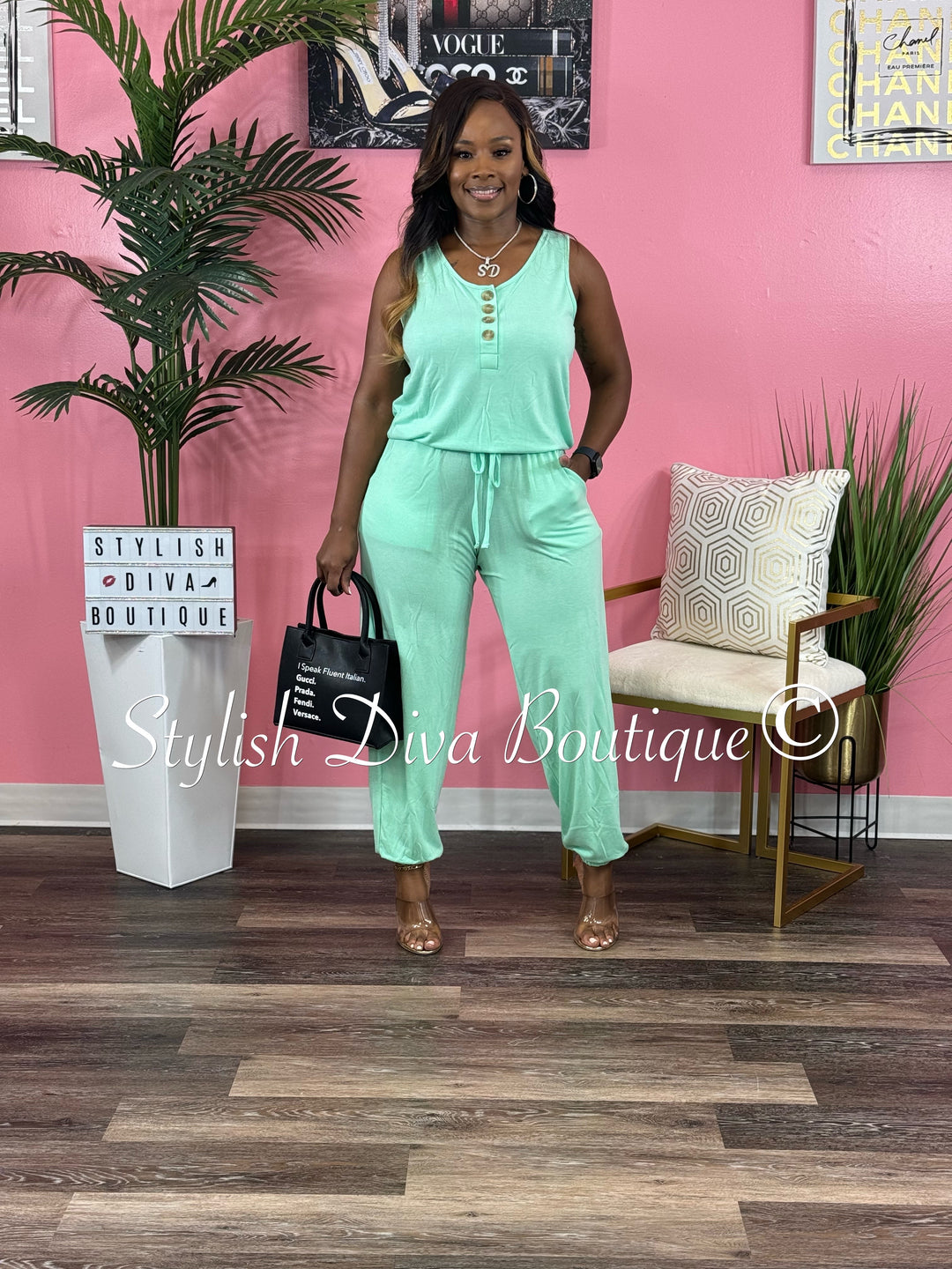 Weekend Sleeveless Jogger Jumpsuit up to 3XL (Green Mint)