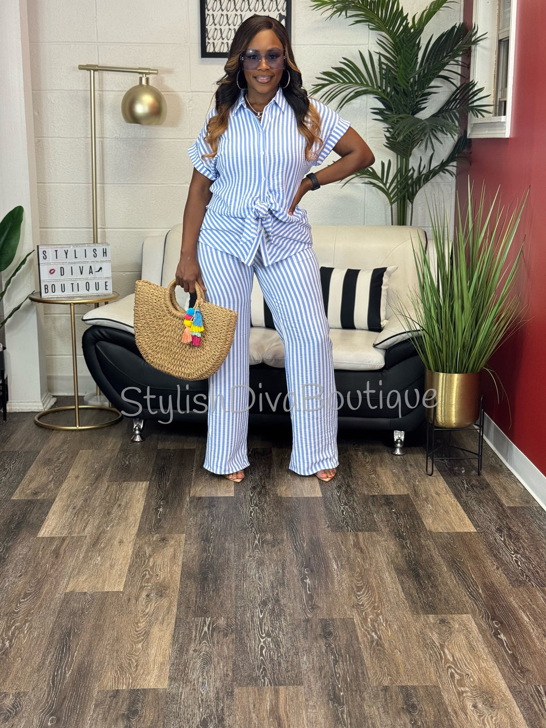 Coastal Diva Pants Set (Blue/White)