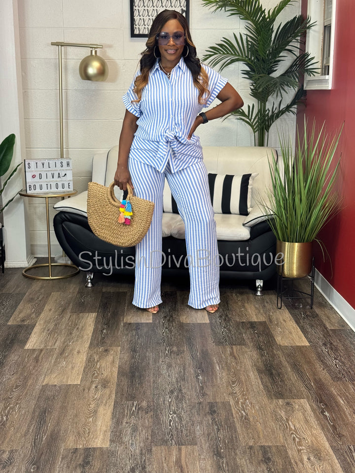 Coastal Diva Pants Set (Blue/White)