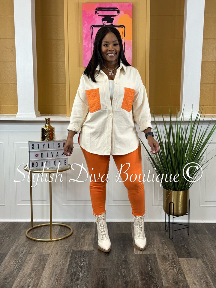 Deena Color Block Shacket (Orange/Cream)