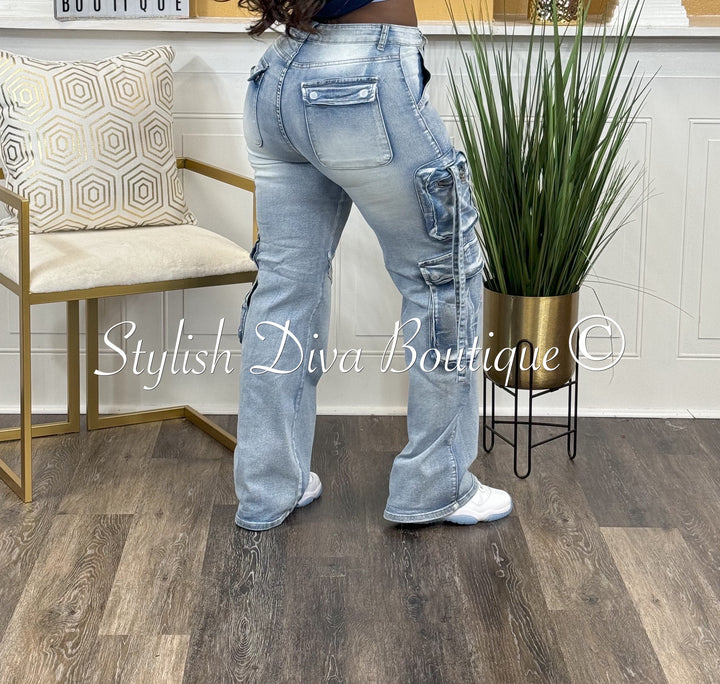 Never Miss Denim Cargo Pants (Blue Wash)