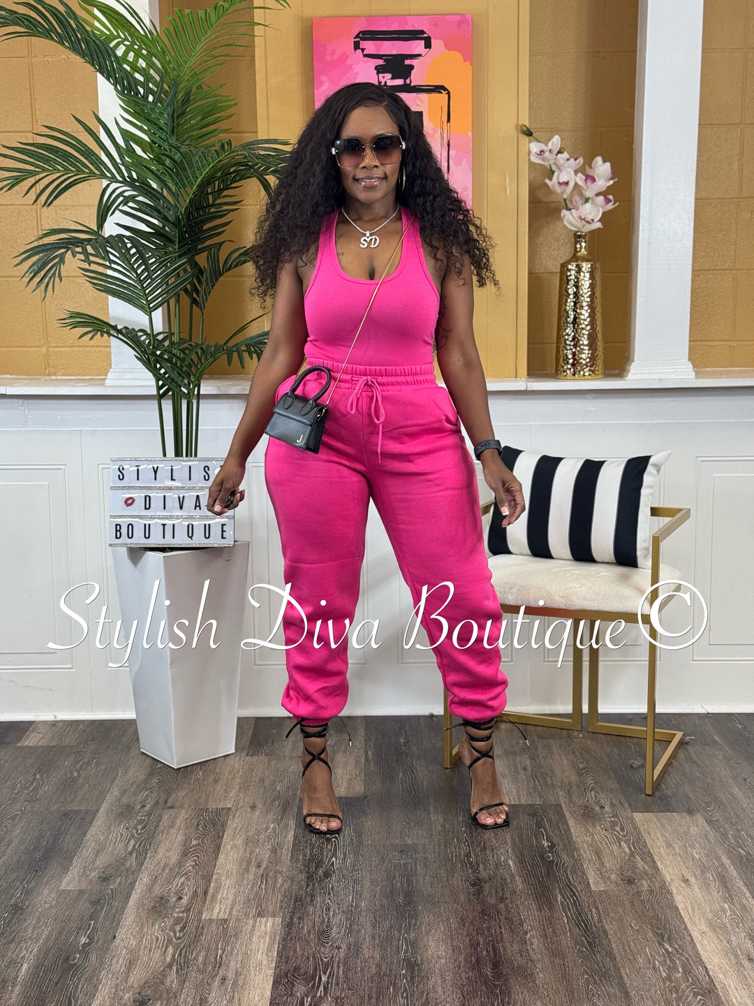 Hot Pink Jogger Set Women's Sweatshirt And Joggers Loungewear Set